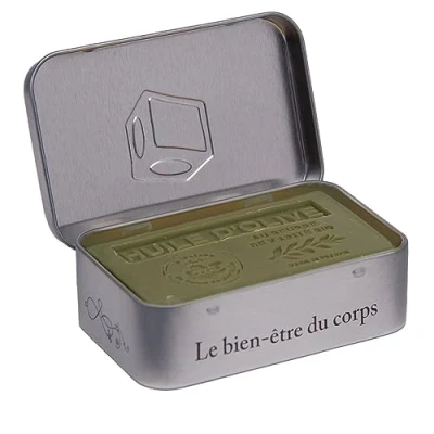Image of La Maison du Savon de Marseille Soap Cube Design Tin with Olive Oil Scented Shea Butter Shower Storage Holder and Travel Case 125g Bar