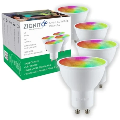 Image of ZIGNITO GU10 Smart Bulb, White &amp; Colour LED, Works with, Alexa, Hey Google, S&#039;Things (Hub Required) Zigbee GU10, Spotlight, Up to 16 Million hue of Colours and Whites. (Pack 4)