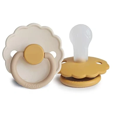 Image of FRIGG Daisy Silicone Pacifier Pack of 2 Soother Dummy BPA Free Made in Denmark Symmetrical Cherry Shaped Nipple (Chamomile/Honey Gold, Size 1 (0 6 Months))