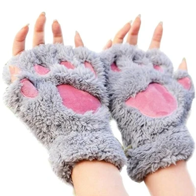 Image of MAKFORT 1 Pair Ladies Girls Womens Cat Paw Gloves Winter Fingerless Mittens Warm Plush Half Finger Grey