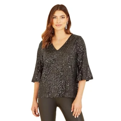 Image of Yumi Womens Black Sequin Top With Fluted Sleeve Size 18 UK