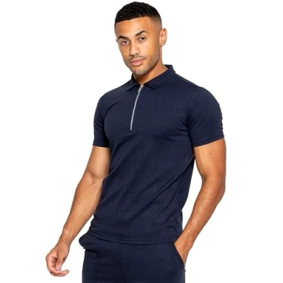 Image of 989Zé ENZO Mens Polo Shirt Regular Fit Summer Tee Zip Collar Short Sleeve Casual T EZPL617 Navy XL