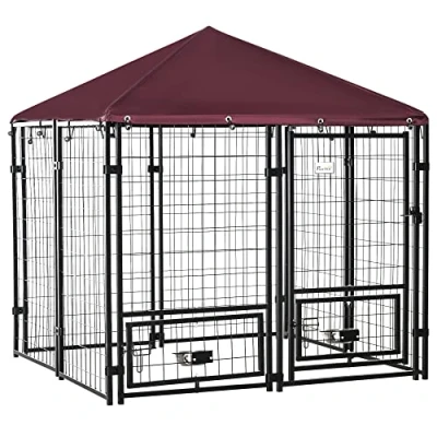 Image of PawHut Outdoor Dog Kennel with Rotating Bowl Holders, Run Water and UV Resistant Cover for Medium &amp; Small Dogs, Red
