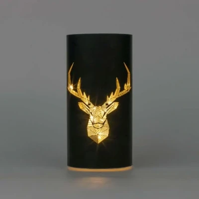 Image of SHATCHI 22cm Christmas Decorated Vase Table Lamp Etched Glass Tube Xmas Black Cylinder LED Fairy Lights Battery Operated Decoration, Stag Head