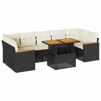 Image of vidaXL 7 Piece Garden Sofa Set with Cushions Black Poly Rattan Acacia