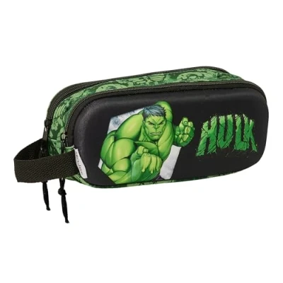 Image of Safta Hulk 3D Double Pencil Case, Children&#039;s Ideal for School Age Children, Comfortable and Versatile, Quality Resistance, 21 x 6 8 cm, Black/Green, Estándar,