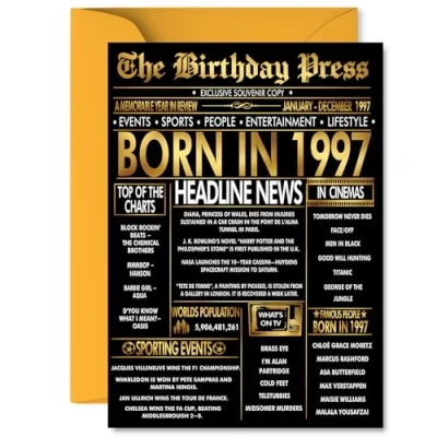 Image of Gold 28th Birthday Card for Men Women Black &amp; Golden Newspaper Born in 1997 Happy 28 Cards Niece Auntie Husband Friend Sister Neighbour, 5x7 Inch Bday Greeting