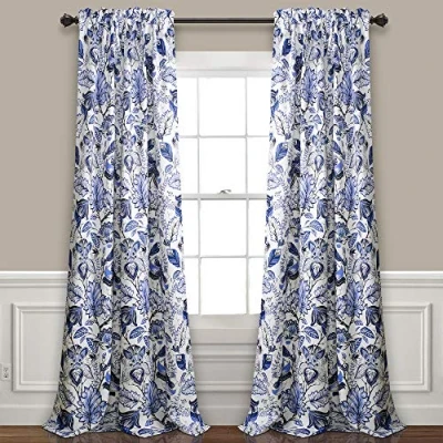 Image of Lush Decor, Blue Cynthia Jacobean Darkening Window Curtains Panel Set for Living, Dining Room, Bedroom (Pair), 108&quot; L