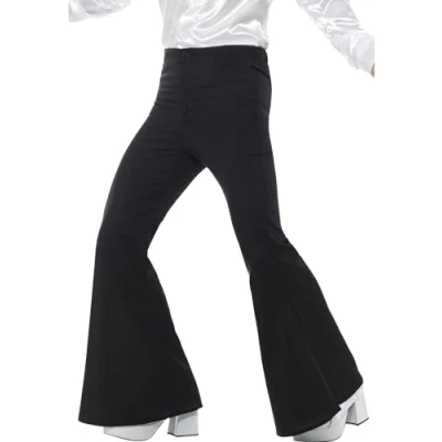 Image of Smiffys Men&#039;s 1960s Groovy Black Flared Trousers, Retro Hippie Costume, Vintage Fancy Dress for Adults, 60s Themed Party Outfit, Halloween &amp; Carnival Up