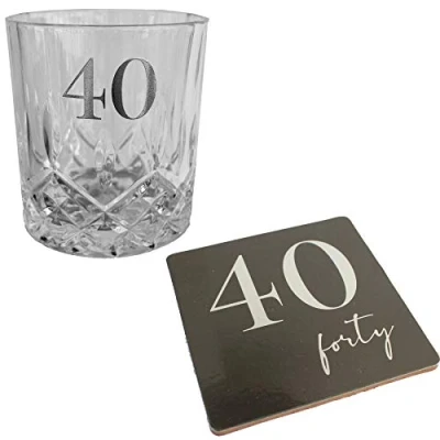 Image of 40th Birthday Gift Cut Glass Whisky Tumbler &amp; Coaster Set Box