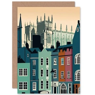 Image of Artery8 York Minster and Shambles Street Cityscape Linocut Travel Birthday Sealed Greeting Card Plus Envelope Blank inside
