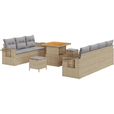 Image of vidaXL 10 Piece Garden Sofa Set with Cushions Beige Poly Rattan Acacia