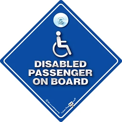 Image of Disabled Passenger On Board Car Sign, Person Sucker Disability Advisory Vehicle Sign For or Wheelchair User in Super Bright Blue 14cm x