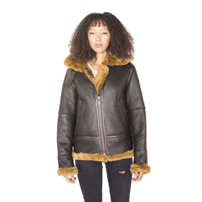 Image of Womens Hooded Sheepskin Jacket B3 Flying Leather RAF Aviator Pilot Brown Ginger 3XL