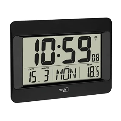Image of TFA Dostmann Digital Wall, 60.4519.01, Radio Controlled Clock with Indoor Temperature, Day of The Week (8 Languages), Date, Time Zone Setting, Black, (L) 215 x (B) 160 (H) 26 (68) mm