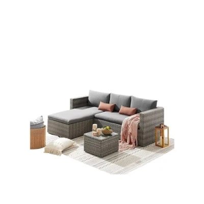 Image of EVRE Malibu Rattan 3 Pc Garden Furniture Set and Coffee Table with Glass, Seater Sofa Patio Conservatory Indoor &amp; Outdoor Cushions (Grey Set)