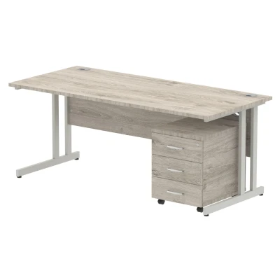 Image of Impulse 1800x800mm Desk Grey Oak Silver Cantilever Leg + Mobile Ped