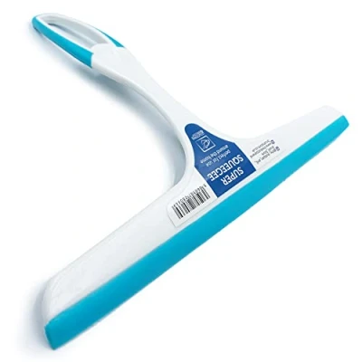 Image of Window Squeegee Glass Cleaning Wiper Rubber Blade for Shower Screen Small Washer Plastic Body with Easy Grip Handle Perfect Bathroom &amp; Wet Rooms Blue White Design