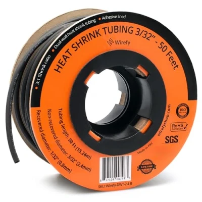 Image of Wirefy 3/32&quot; Heat Shrink Tubing 3:1 Ratio Adhesive Lined Marine Grade Black 50 Feet Roll