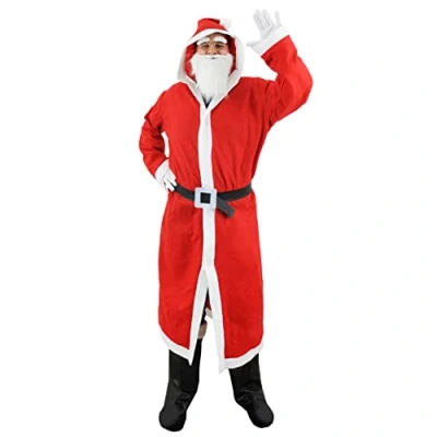 Image of Adults Santa Costume Red &amp; White Hooded Cloak + Beard Black Belt 3 piece Claus Father Christmas Fancy Dress (One Size Fits Most)