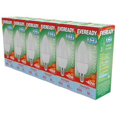 Image of Eveready LED E14 Candle Bulb 4.9W Replaces 40W Daylight (6500k) 470 Lumens Non Dimmable Light Bulb. 6 Pack. (Daylight)