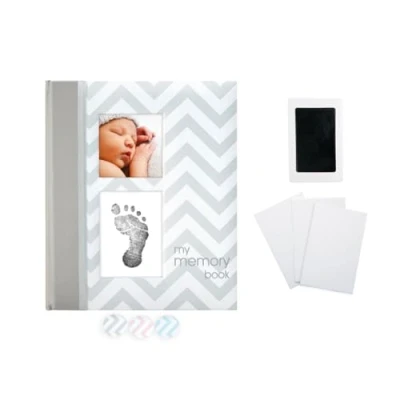 Image of Pearhead First 5 Years Chevron Baby Memory Book with Included Clean Touch Safe Ink Pad to Create Baby&#039;s Handprint or Footprint, Keepsake Milestone Journal, UK English Version, Grey