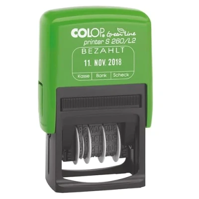 Image of COLOP Printer S260 L2 Green Line Stamp, Text Paid, Imprint Blue/Red, Date German