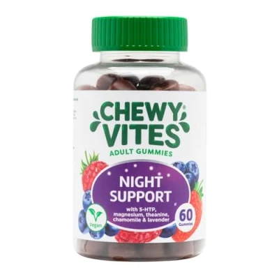 Image of Chewy Vites Adult Gummies Night Support 60 Gummy Vitamins with 5 HTP,Magnesium, Theanine, Chamomile &amp; Lavender Non Melatonin Herbal 1 Months Supply Berry Flavour