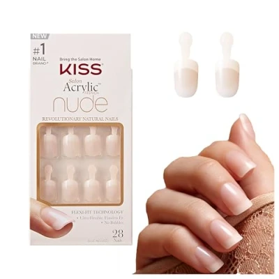 Image of KISS Salon Acrylic French Nude Collection, Breathtaking, Real Short Length Fake Nails, Includes 28 False Nail Glue, File, and Manicure Stick