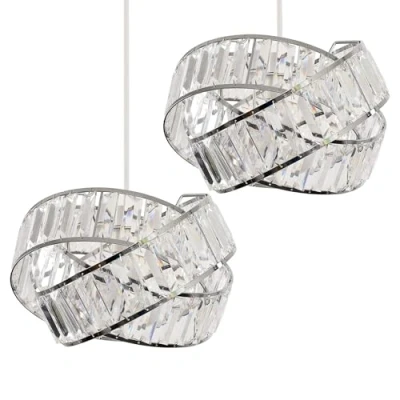 Image of Pair of Modern Polished Chrome &amp; Clear Acrylic Jewel Intertwined Rings Design Ceiling Pendant Light Shades
