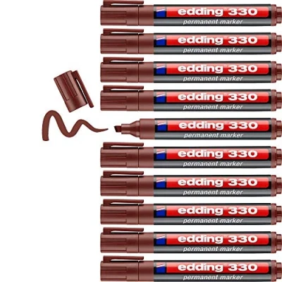 Image of edding 330 permanent marker brown 10 pens chisel tip 1 5 mm waterproof, quick drying, smear proof for cardboard, plastic, glass, wood, metal and fabric