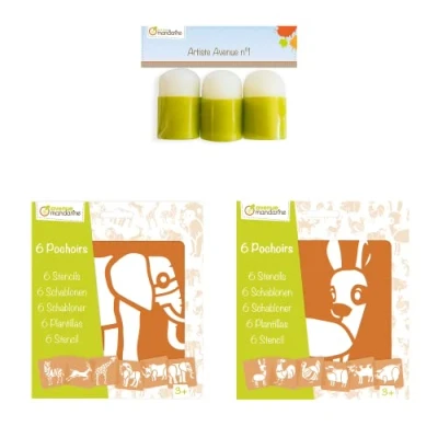 Image of Avenue Mandarine 42440AMZC 1 set &#039;&#039;Learning to paint&#039;&#039; including 2 pouches of 6 stencils (forest and savannah animals) a 3 foam stamps from years old