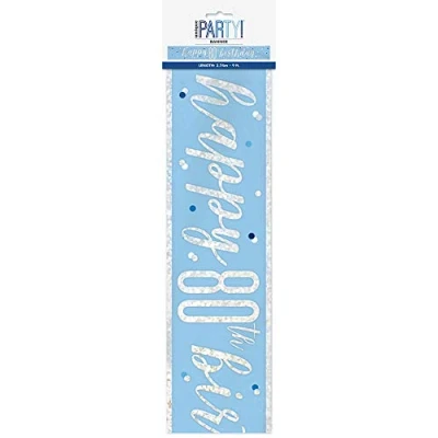 Image of Unique 83485 Blue Prismatic 80th Birthday Foil Banner, 108&quot; 1 Pc, Age 80