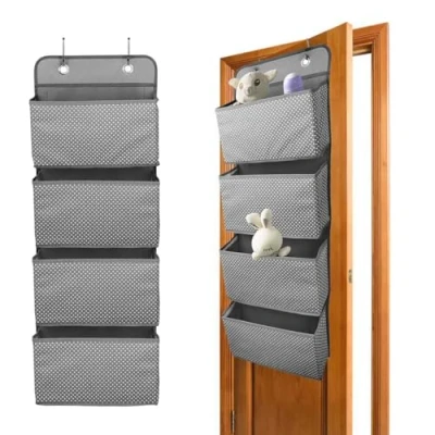 Image of ManGotree Over The Door Storage Organizer,Hanging Storage, Wardrobe Organizer, 4 Pockets Hanging Closet with Hooks, Foldable (Dot Grey)