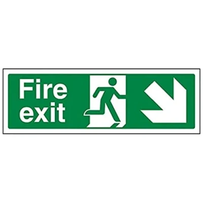 Image of V Safety 14006AX R Fire Exit Arrow Down Right Sign Landscape 300mm x 100mm 1mm Rigid Plastic, Green