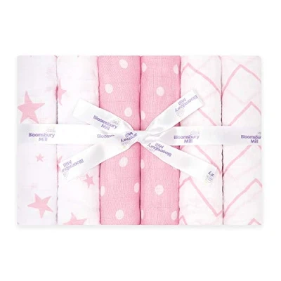 Image of Bloomsbury Mill Muslin Cloths For Baby Soft 100% Organic Cotton Squares Muslins Pack of 6 Large Burp Essentials Newborn Pink &amp; White 70x70cm