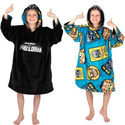 Image of Star Wars Mandalorian Oodie Oversized Reversible Hoodie Blanket for Kids Super Soft Double Sided Fleece Gift Boys One Size Black/Blue