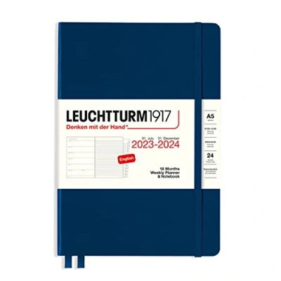 Image of LEUCHTTURM1917 367684 Weekly Planner &amp; Notebook Medium (A5) 2024, with Booklet, 18 Months, Navy, English