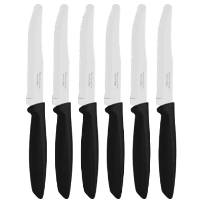 Image of Tramontina Kitchen Knives Set of 6, Serrated Fruit Tomato Cooking Knife, Vegetable Chopper Peeler, Stainless Steel, Multipurpose, Rounded Tip, Black, 23498055