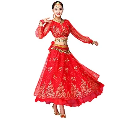 Image of Grouptap Bollywood indian womens long sleeve anarkali lehenga choli saree dress red arabian princess belly dance skirt outfits costume (Red, 150 170 cm, 45 70 kg)