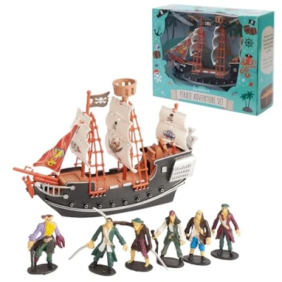 Image of THE TWIDDLERS Pretend Play Pirate Ship with Model Figures, Toy for Kids &amp; Enthusiasts Includes 6 Pirates