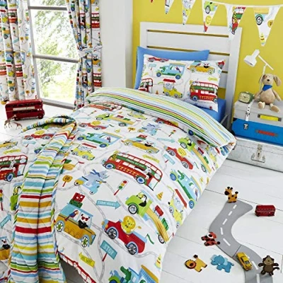 Image of Happy Linen Company Kids Boys Girls Zoo Escape Animals White Reversible Single Bedding Duvet Cover Set