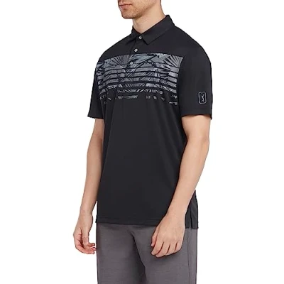 Image of PGA Tour Golf Men&#039;s Polo Shirt, Engineered Tropical Print, Short Sleeve, Regular Fit, Stretch Seams, Caviar Black, Large