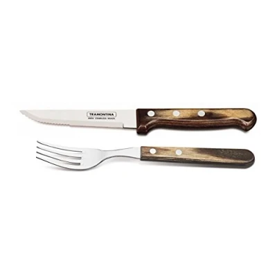 Image of Tramontina Churrasco Heavy Duty Steak Knife and Fork with Wooden Handles