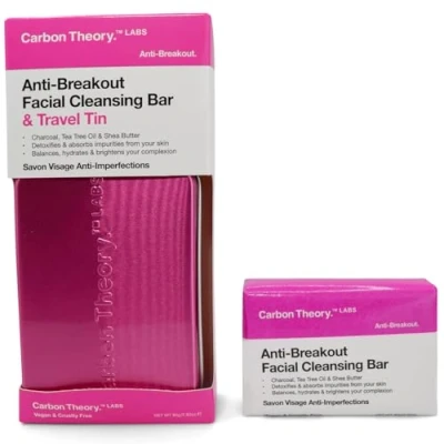 Image of Carbon Theory Charcoal Soap Face Cleanser for Acne Prone Skin &amp; Travel Case Tin Activated Wash Bar, Tea Tree Oil, Shea Butter Vegan and 100g