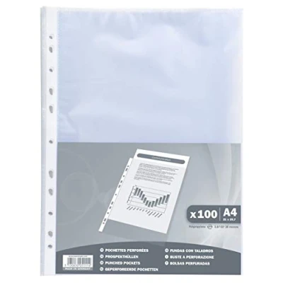 Image of Exacompta Ref 5111E PP Punched Pockets (Pack of 100) Suitable for A4 Documents, 0.04mm Grained Effect Polypropylene, Pre Spine Use in Folders Clear