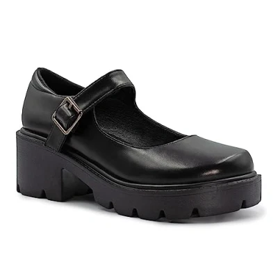 Image of Womens Chunky Platform Low Block Heels Mary Janes Ankle Strap Closed Toe Court Shoes Ladies Comfort Work Pumps Comfy Round Smart Office
