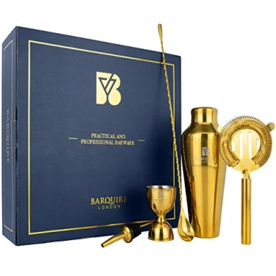 Image of Barquire Premium Cocktail Making Set Complete Mixology Tool Kit Gold Shaker Parisian Shaker, Mixing Spoon, Hawthorne Strainer, Jigger &amp; Recipe Booklet Luxury Gift Box