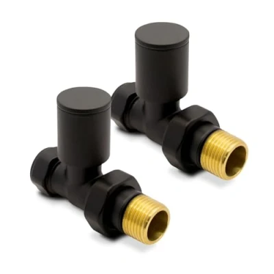 Image of Straight Black Valves for Radiators &amp; Towel Rails (Pair) Suitable Installation of Your Heated Rail or Radiator onto Central Heating System