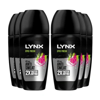 Image of Lynx Epic Fresh Roll On 48 Hours Anti Sweat Faster Drying Perspirant with Long Lasting and Odour Protection Travel Size Deodorant for Men All Skin Types, 50ml Pack of 6